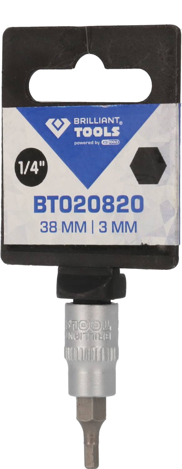 Narzędzie 'Brilliant Tools', numer modelu BT020820, 38 mm/3 mm, końcówka narzędziowa z gniazdem sześciokątnym, w opakowaniu.