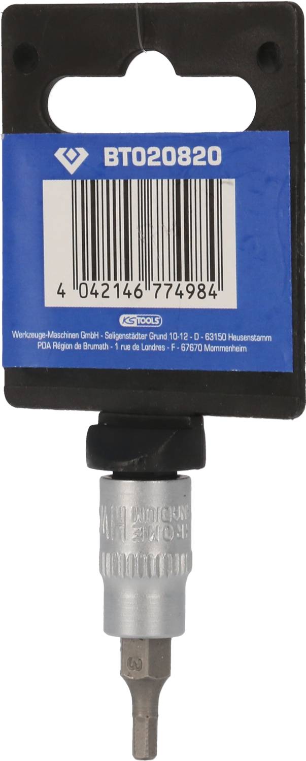 Klucz bitowy w opakowaniu z zawieszką, niebieski tło z kodem kreskowym i informacjami o produkcie u góry.