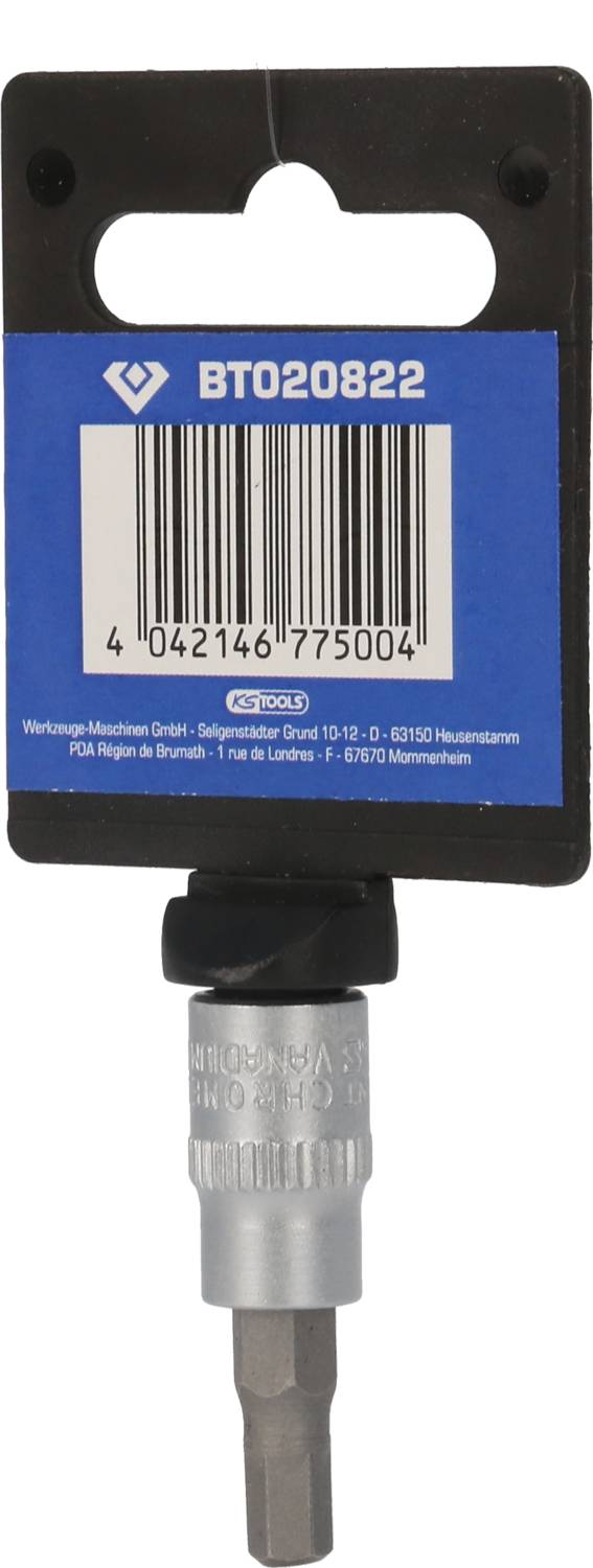 Sześciokątny bit z uchwytem i etykietą opakowania z kodem kreskowym BT020822. Srebrna metalowa głowica. Odpowiedni do narzędzi.