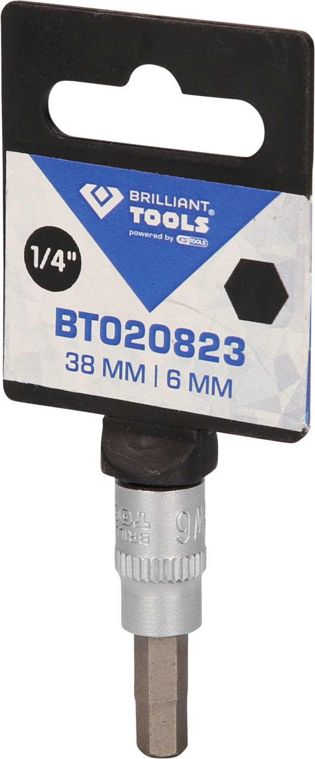 Werkzeug, Brilliant Tools sześciokątny bit z chwytem 1/4 cala, BT020823, o długości 38 mm i rozmiarze 6 mm, prezentowany w opakowaniu z otworem do zawieszenia.