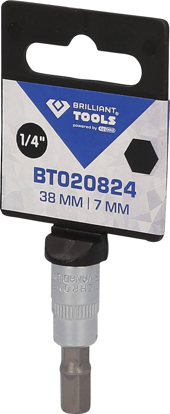 Sześciokątny bit firmy 'Brilliant Tools', 1/4 cala, długość 38 mm, średnica 7 mm, odpowiedni do narzędzi i napraw.