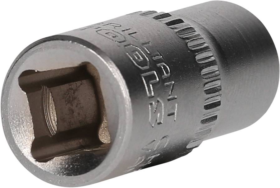 Metalowy nasadowy klucz nasuwkowy, o kształcie cylindrycznym, z kwadratowym otworem i żebrowaną krawędzią dla lepszego uchwytu.