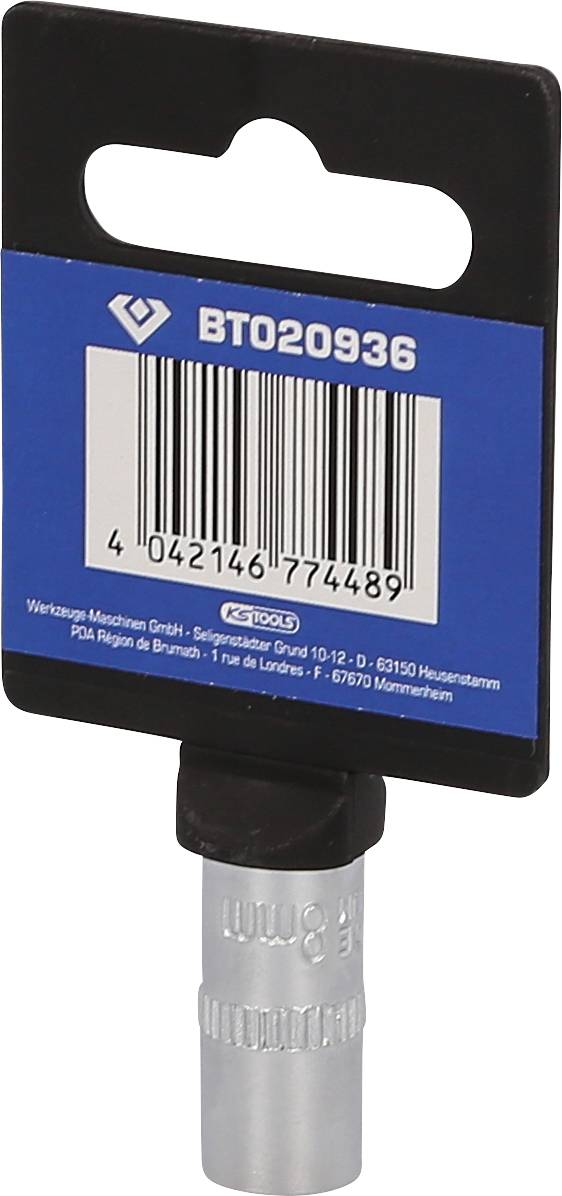 Etykieta opakowania z kodem kreskowym '4 042146 774489', numerem produktu 'BT020936' oraz informacjami o producencie. Zawiera srebrną nakładkę.