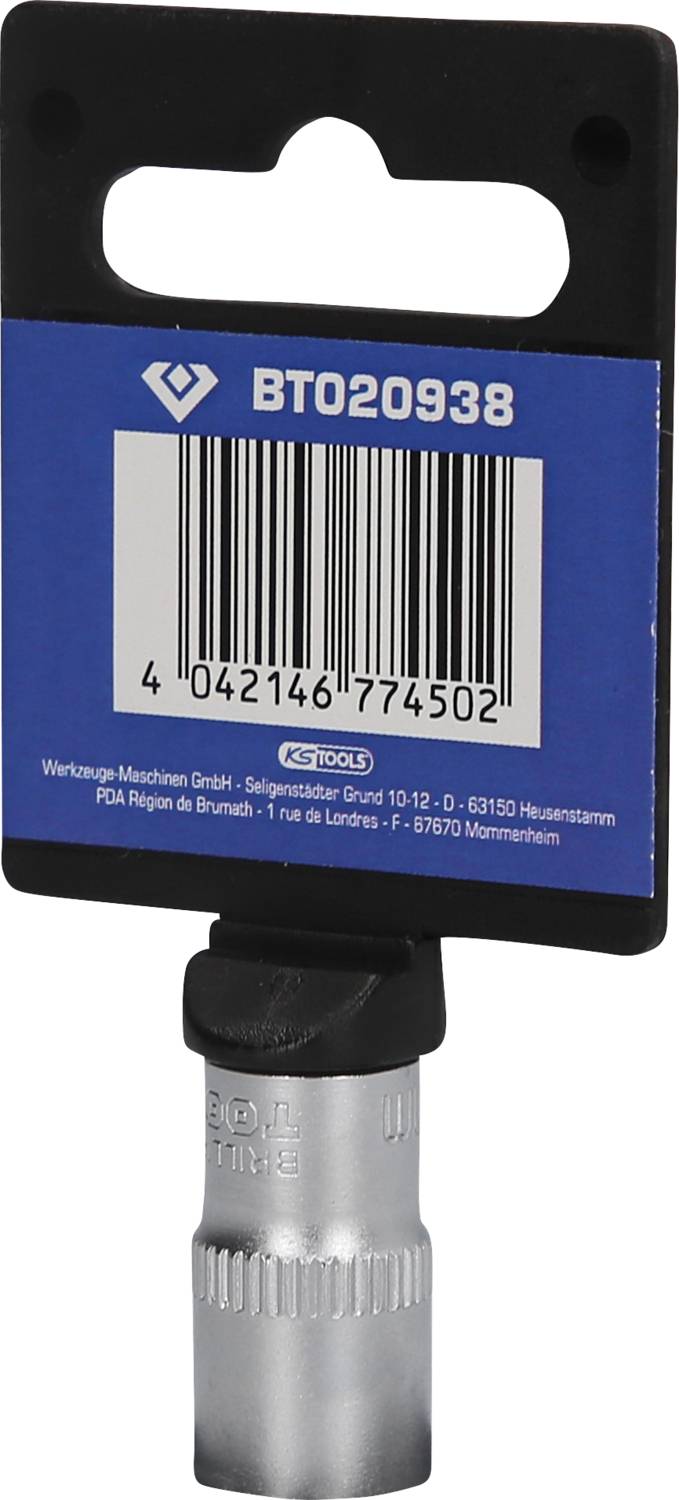 BTO20938 Nakrętka z uchwytem i kodem kreskowym na niebieskiej metalowej tabliczce, szczegóły producenta i lokalizacji we Francji.