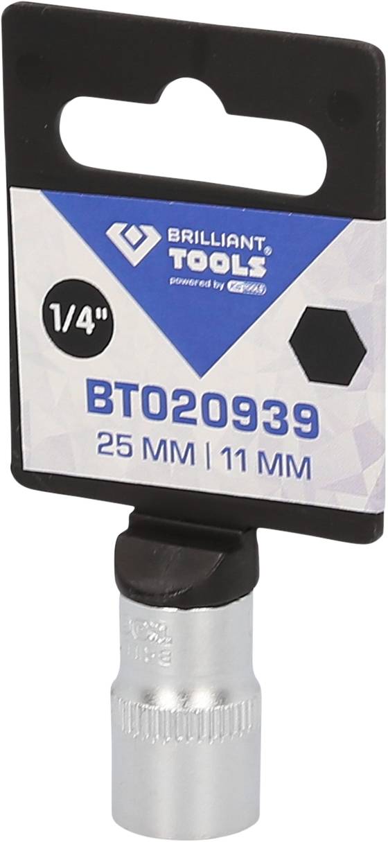 Nasadka klucza marki Brilliant Tools z napędem 1/4 cala, numer artykułu BT020939, rozmiar 25 mm x 11 mm na opakowaniu.