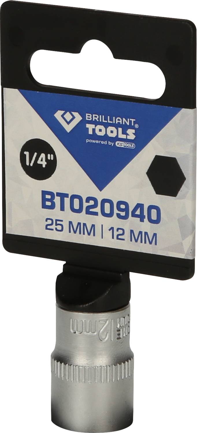 Wkładka nasadowa 'Brilliant Tools' do napędu 1/4", rozmiary 25 mm i 12 mm, zapakowana na wsporniku z logo i numerem produktu.