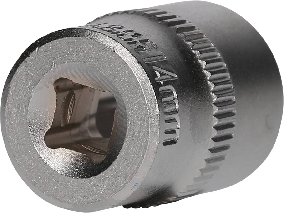 Nasadka klucza metalowa, sześciokątna, z żebrowaną krawędzią, z bocznym oznaczeniem '14mm', przeznaczona do narzędzi do montażu śrub.