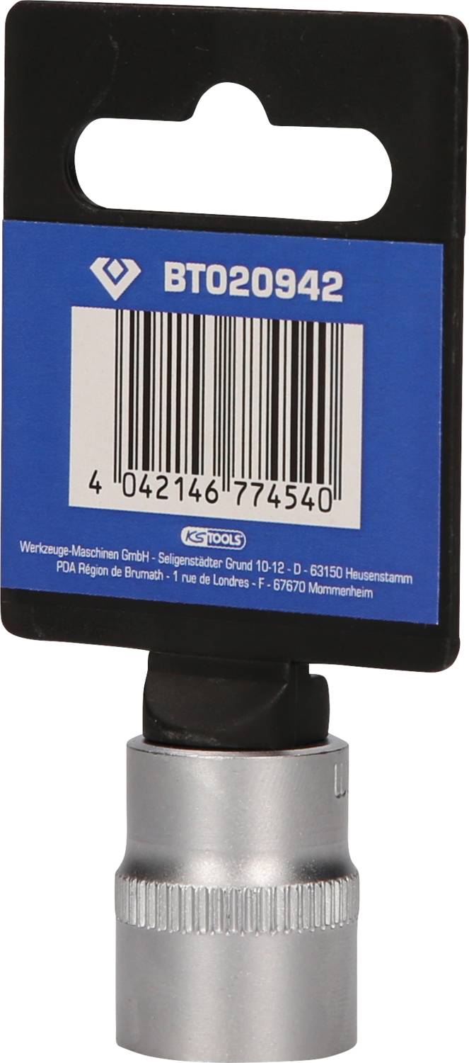 Nakrętka metalowa z kodem produktu 'BT020942' na etykiecie, kod kreskowy poniżej. Informacje o dostawcy i adresie na opakowaniu.