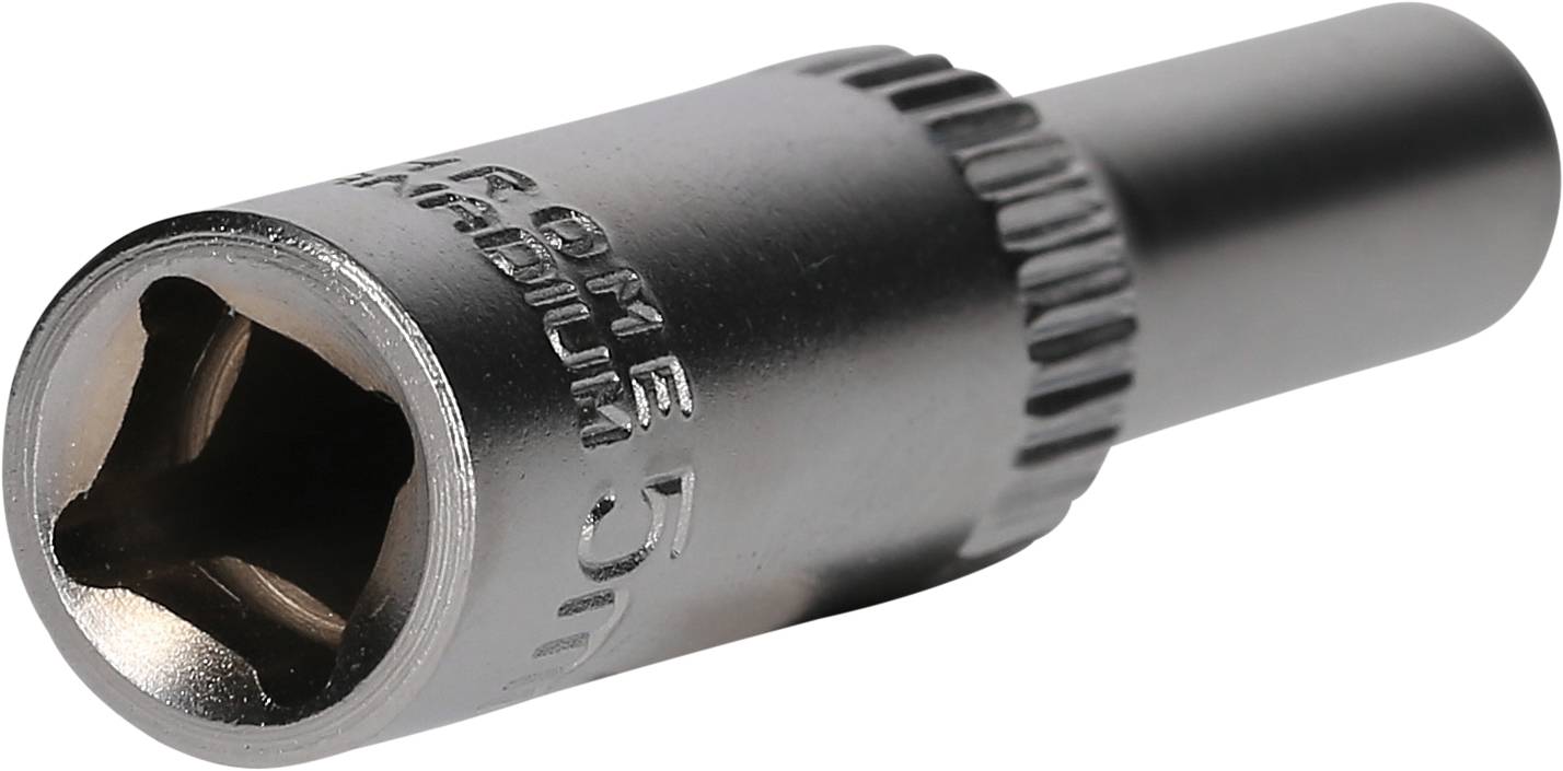 Srebrny klucz nasadowy z napisem chromowo-wanadowym, o sześciokątnym otworze, służący do mocowania śrub i nakrętek.