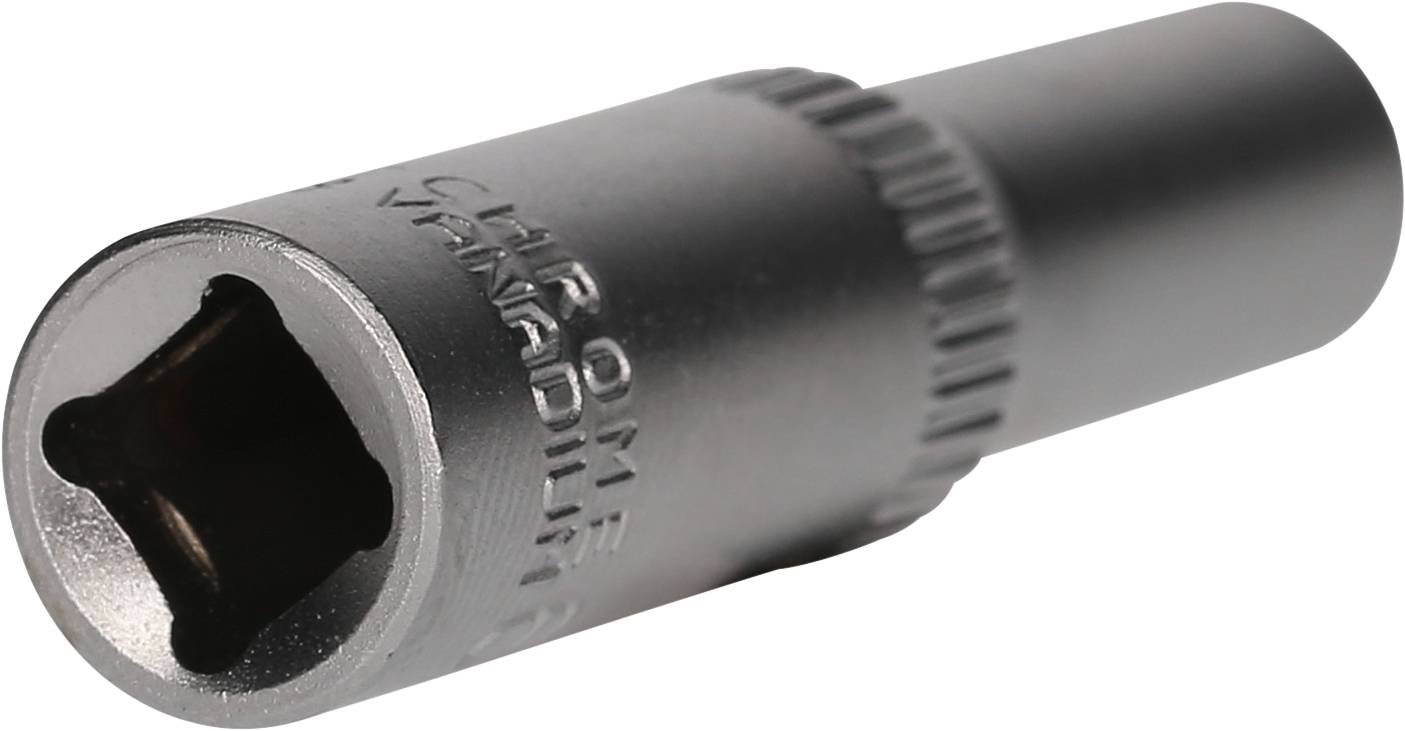 Nasadka sześciokątna wykonana ze stali chromowo-wanadowej, z czterokątnym profilem wewnętrznym, przeznaczona do użycia z grzechotkami lub kluczami nasadowymi.