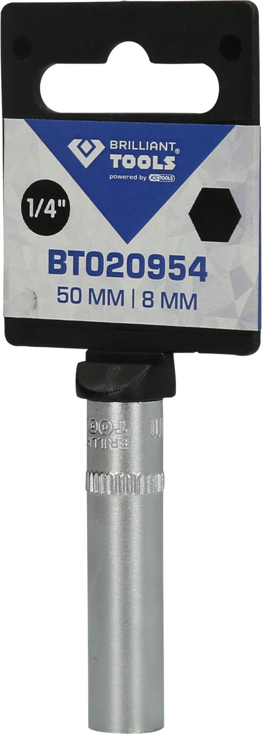 Nasadka 'Brilliant Tools' oznaczona jako 'BT020954', rozmiar 1/4'', długość 50 mm, rozmiar klucza 8 mm.