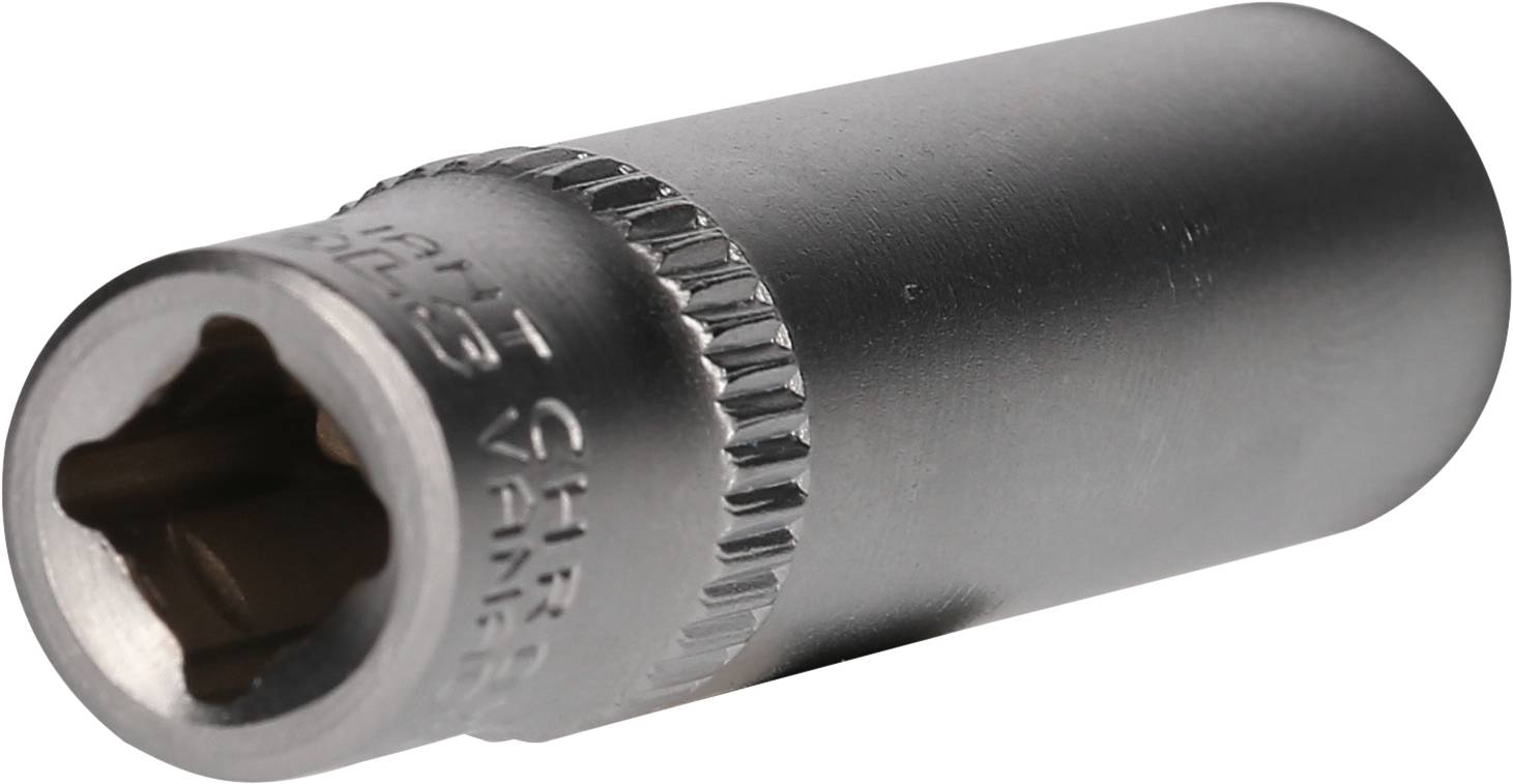 Sześciokątny metalowy klucz nasadowy w kształcie cylindra. Używany do mocowania i odkręcania śrub z łbem sześciokątnym.