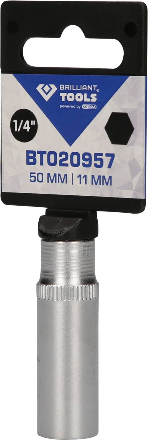 Srebrny nasadowy klucz zapadkowy marki 'Brilliant Tools', rozmiar 50 mm, z przyłączem sześciokątnym 11 mm.