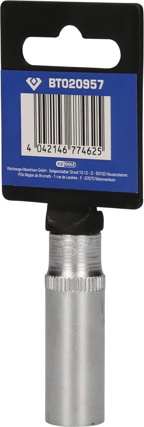 Wiertło metalowe z niebieską etykietą, 'BT020957' i kodem kreskowym. Odpowiednie do wiertarek. Zapakowane z informacjami producenta.