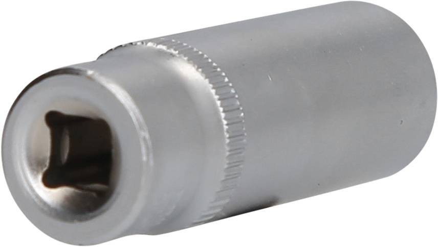 Pojedynczy srebrny nasadowy klucz nasadowy o okrągłym kształcie z kwadratowym otworem, używany do prac śrubowych.