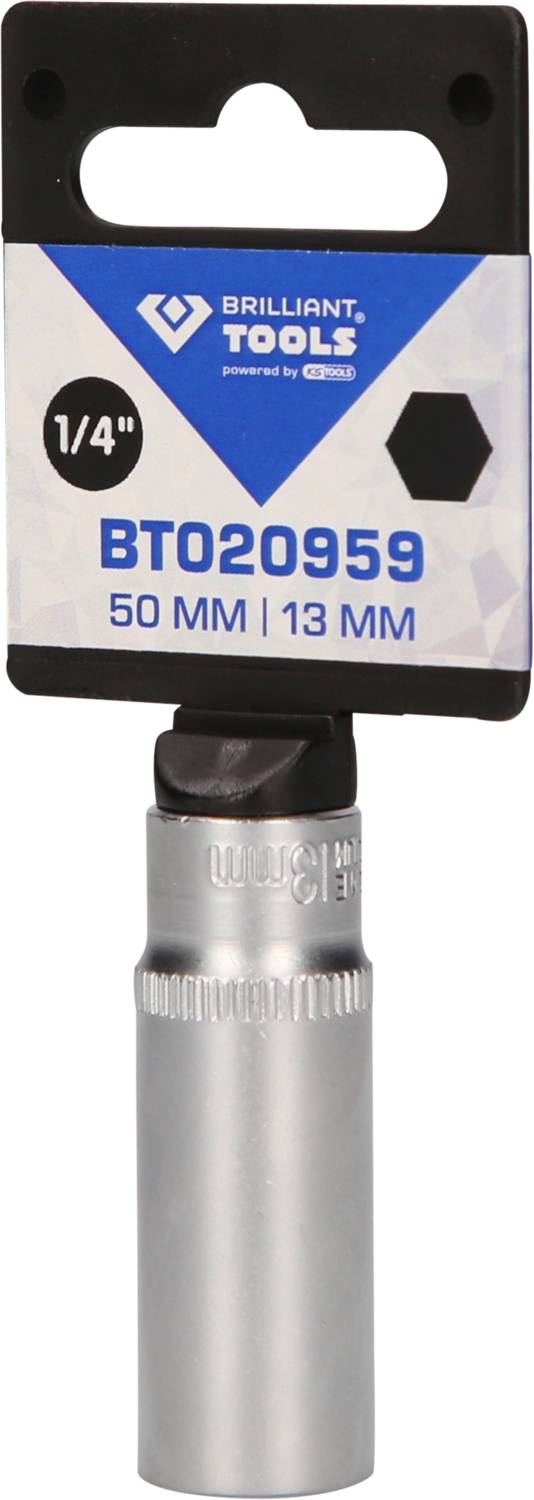 Opakowanie narzędziowe z napisem 'BRILLIANT TOOLS BT020959, 50 MM | 13 MM, 1/4' przedstawia nasadkę klucza nasadowego.