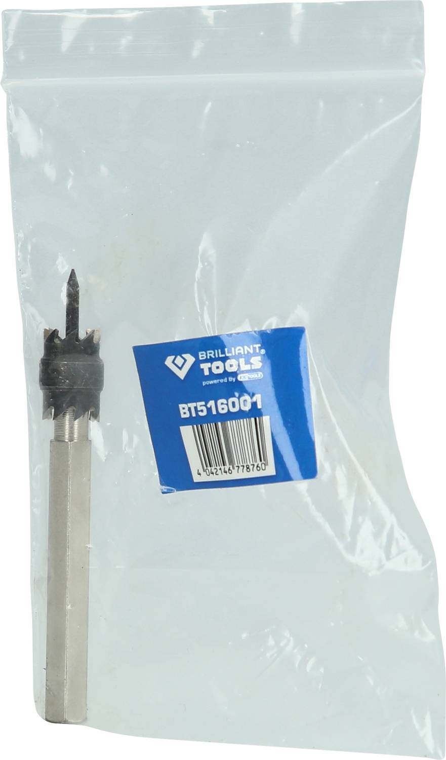 Wiertło z końcówką w woreczku plastikowym. Etykieta z napisem 'Brilliant Tools BT516001'.