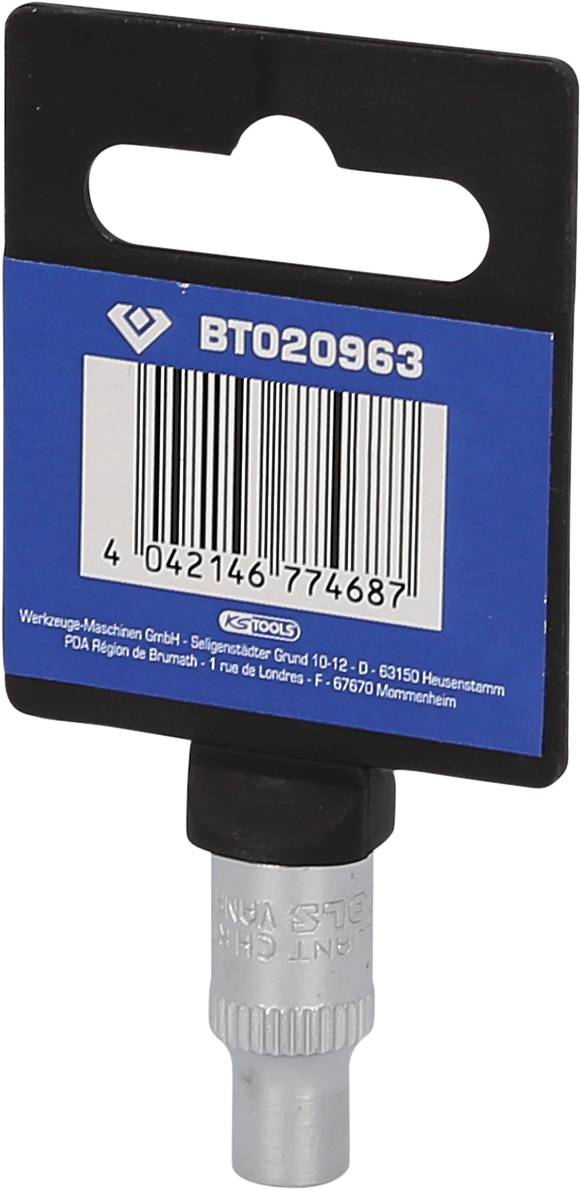 'Metalowy uchwyt narzędziowy z opakowaniem i kodem kreskowym.'