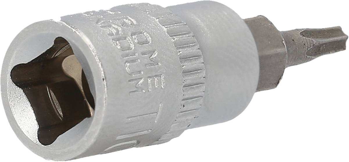 Mały, szary nasadka śrubokręta wykonana z metalu z końcówką Torx, przydatna do precyzyjnych prac lub stosowania podczas prac rzemieślniczych.