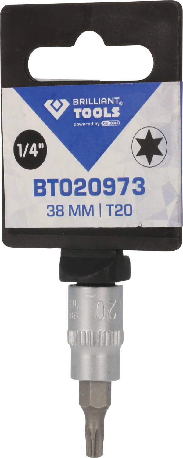 Końcówka 1/4'', profil TX, T20, długość 38 mm, marka Brilliant Tools. Opakowanie zawiera symbol gwiazdy.