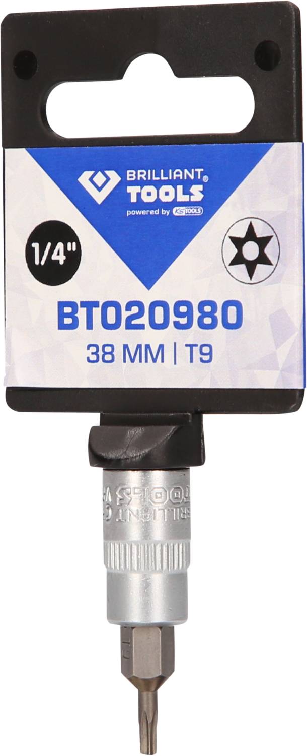 Narzędzie „Brilliant Tools BT020980 T9 Torx-Bit, 1/4", 38 mm długości" na opakowaniu. Narzędzie do wkręcania lub wykręcania wkrętów.