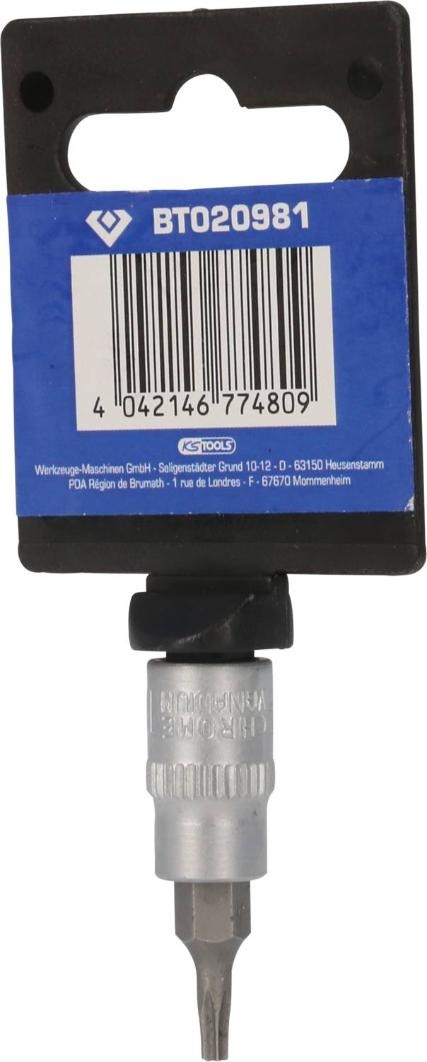 Uchwyt na baterię z niebieskim uchwytem z tworzywa sztucznego i srebrną metalową częścią, kod kreskowy na górze, kod produktu 'BT020981', szczegóły producenta poniżej.