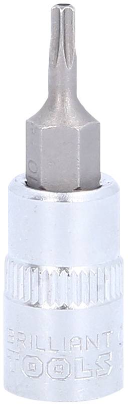 Srebrny końcówka wkrętaka z sześciokątną podstawą i rowkowanym uchwytem. Grawerowane napisy 'Brilliant Tools'. Odpowiedni do wkrętów Torx.