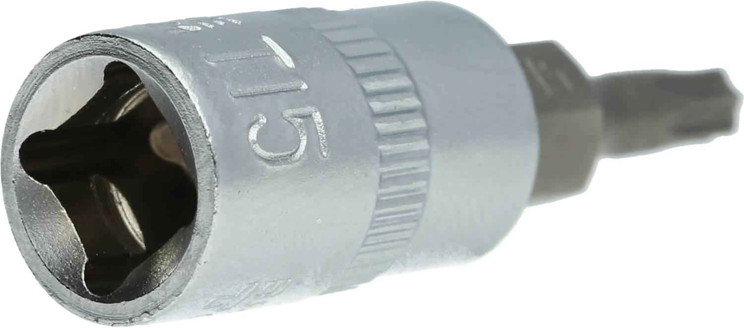 Metalowy bit z sześciokątną główką, T15, przeznaczony do stosowania w wkrętakach lub wiertarkach.
