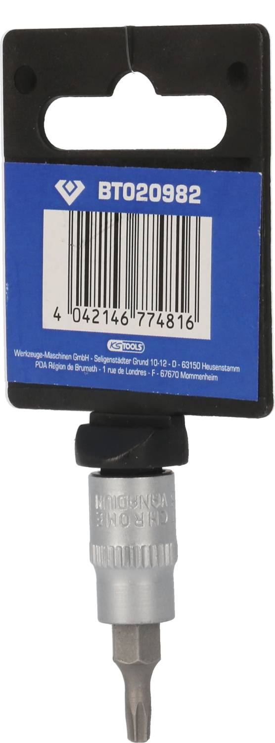 'BT020982' Metalowy uchwyt wiertarski na wewnętrznej stronie opakowania. Kod kreskowy EAN: 4042146774816.