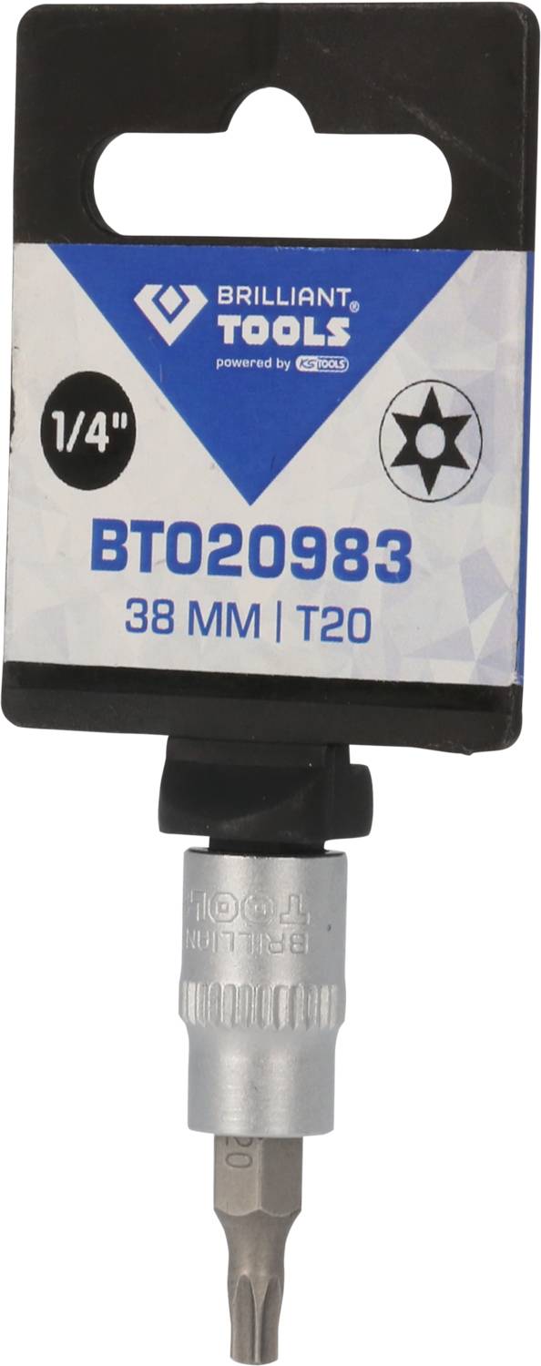 Nasadka z bitem Torx T20, 38 mm. Opakowanie przedstawia markę 'Brilliant Tools' o rozmiarze 1/4 cala.