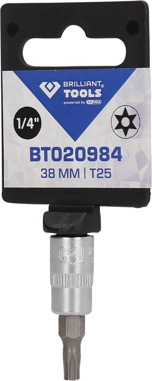 Nasadka bitowa 'Brilliant Tools', 1/4 cala, T25, 38 mm, numer artykułu BT020984. Opakowanie z czarną wkładką mocującą.