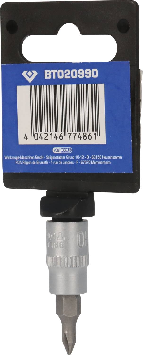 Wiertło metalowe z chwytem bitowym, zamocowane na karcie przewodniej z numerem produktu 'BT020990' i kodem kreskowym.
