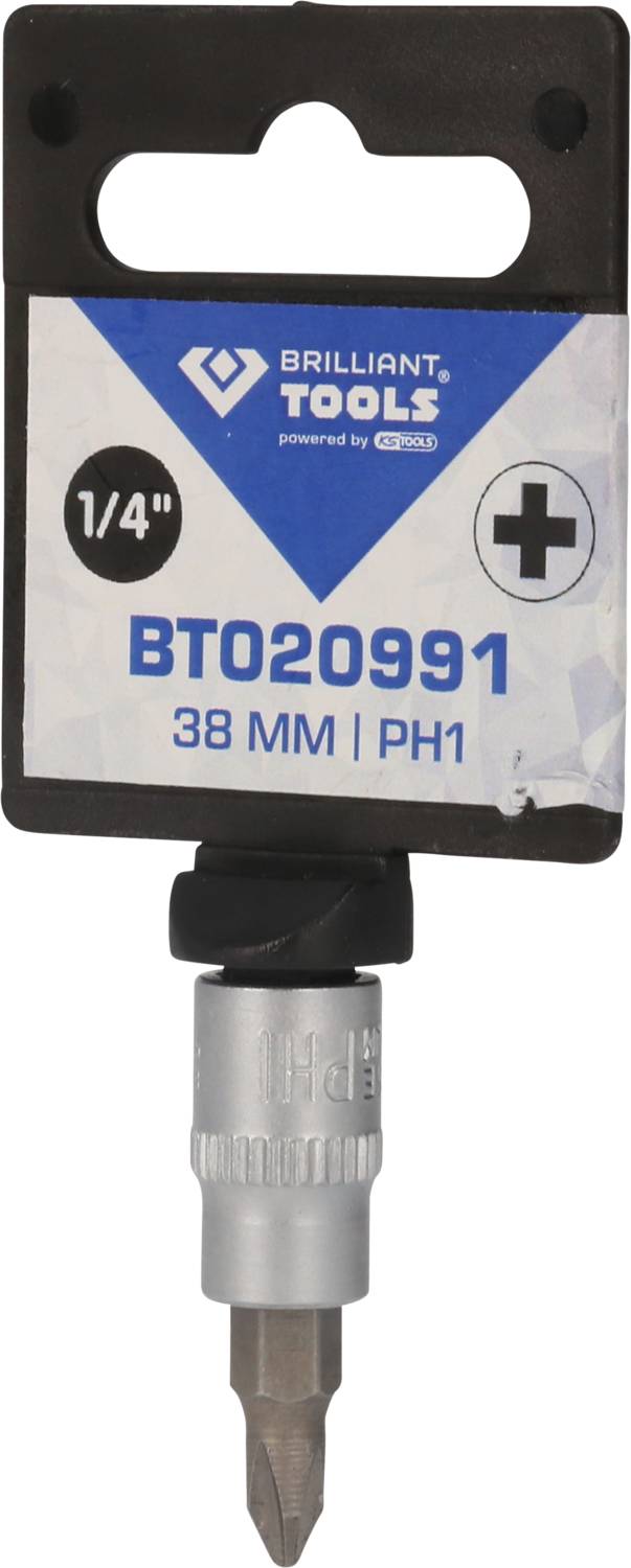 Bit wkrętakowy Brilliant Tools, 1/4 cala, model BT020991, długość 38 mm, PH1, odpowiedni do wkrętów krzyżowych.