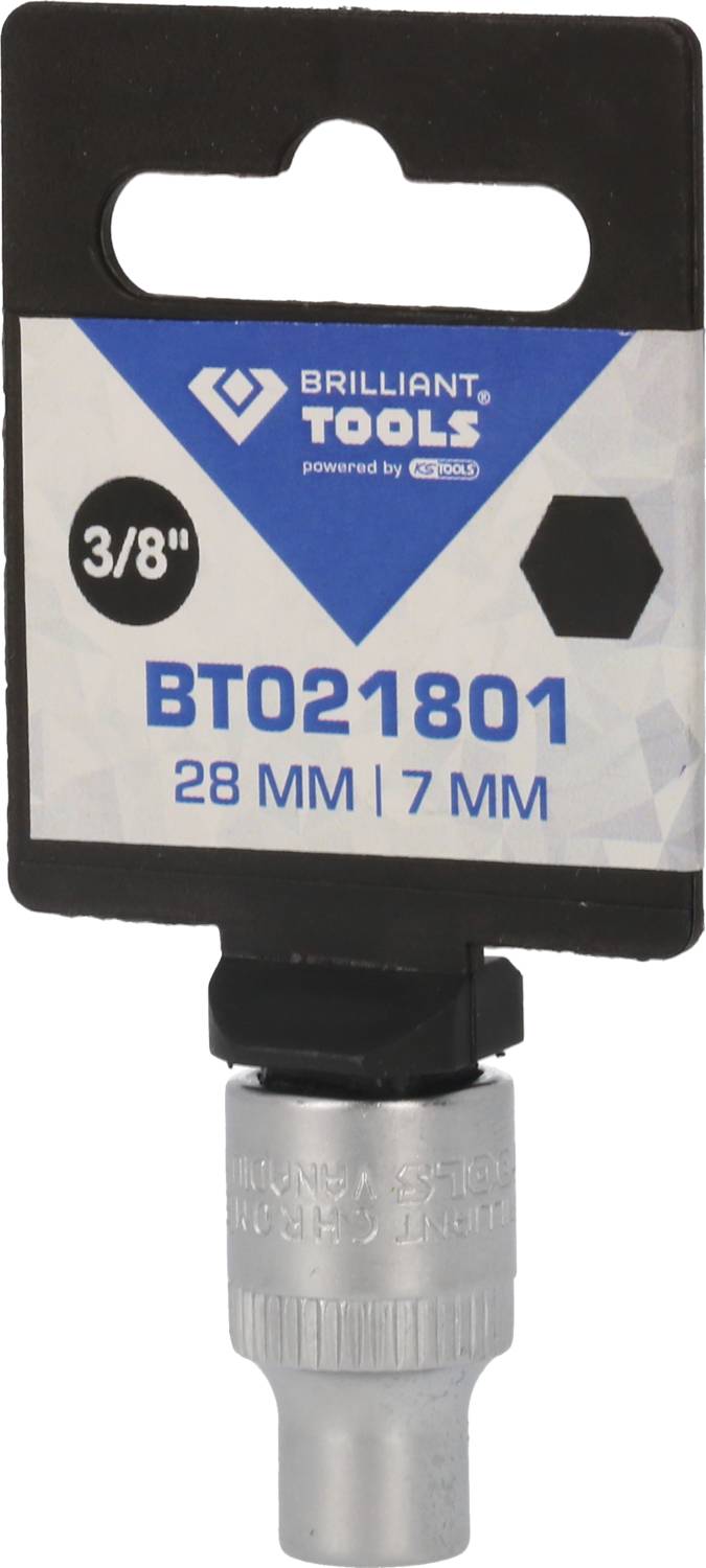 Klucz nasadowy 'Brilliant Tools' z chwytem 3/8 cala, numer artykułu BT021801, rozmiar 28 mm i 7 mm. Widoczny projekt opakowania.