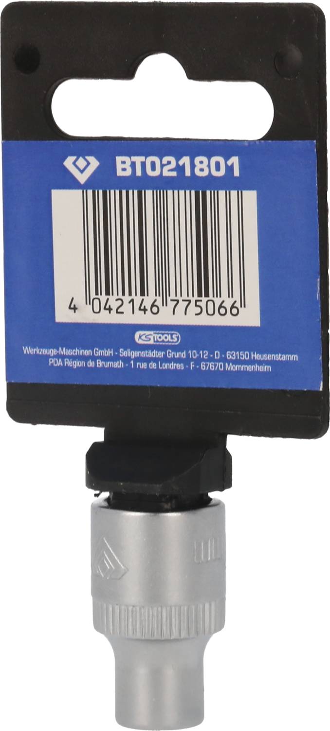 Srebrny nakładany element śrubowy w opakowaniu z niebieską etykietą, wyświetlający numer modelu 'BT021801' oraz kod kreskowy.