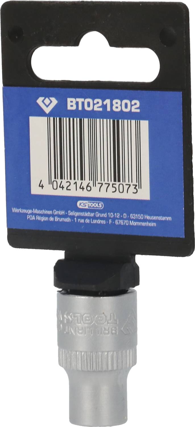 Obraz metalowego narzędzia z niebieskim opakowaniem. Na górze widnieje napis 'BT021802', poniżej kod kreskowy, a pod nim adres firmy.