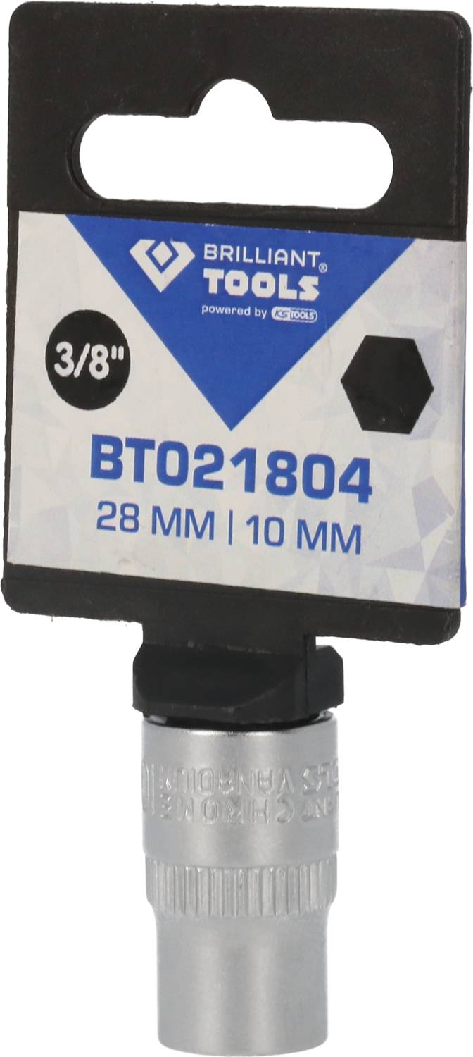 Nasadka narzędziowa 'Brilliant Tools' 28 mm | 10 mm, 3/8 cala, z gniazdem sześciokątnym i wytłoczoną numerem artykułu BT021804.