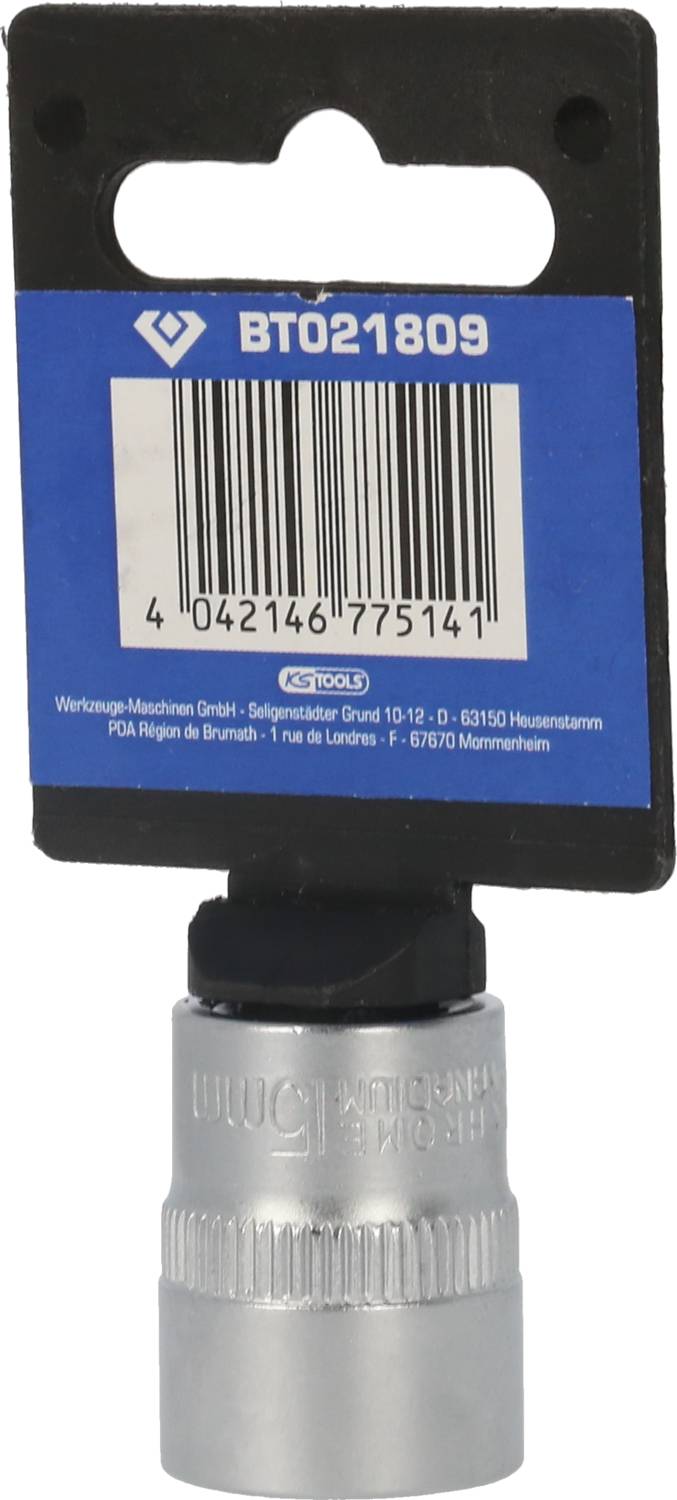 Srebrny orzech wisi na niebieskim opakowaniu z napisem 'BT021809' i kodem kreskowym u góry.