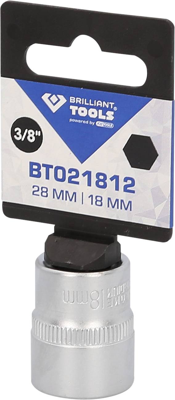 Klucz nasadowy z oznaczeniem '3/8"', 'BT021812', '28 mm | 18 mm', marka 'Brilliant Tools'.