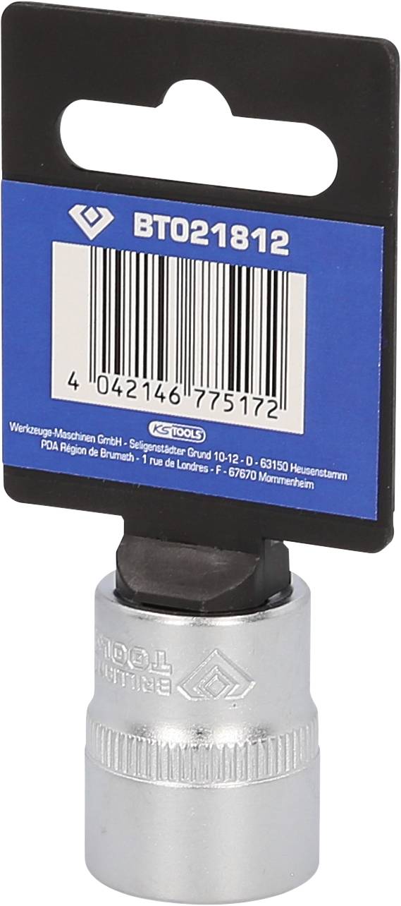 'Srebrna sześciokątna nakrętka z niebieską etykietą, kod produktu BT021812. Przeznaczona do użycia z grzechotką lub kluczem płaskim.'