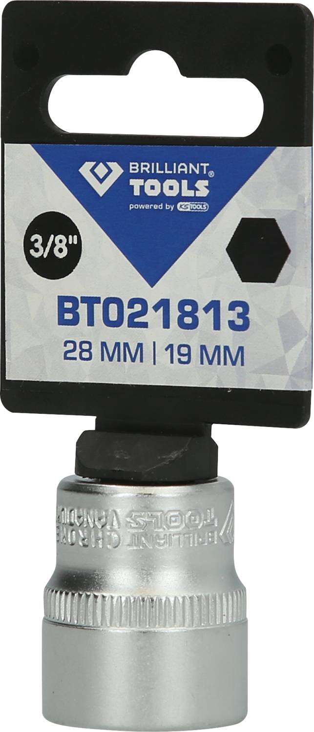 Klucz nasadowy BT021813, 28 mm/19 mm, 3/8 cala, firmy Brilliant Tools. Czarna podstawa z geometrycznym wzorem.