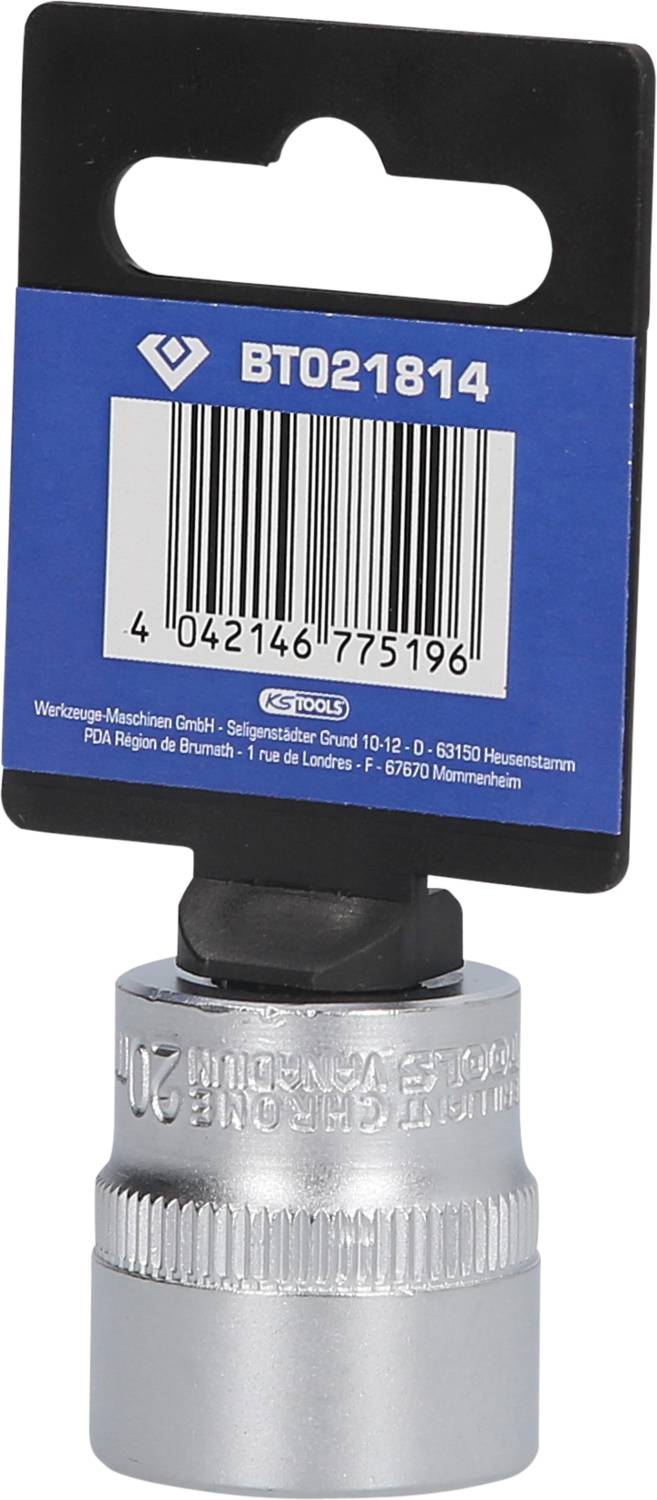 Klucz nasadowy z etykietą produktu i kodem kreskowym 'BTO21814' na górze, oznaczony informacjami producenta oraz numerem seryjnym.