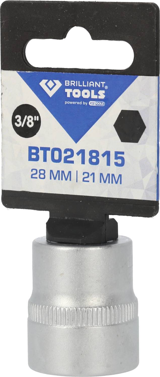 Dwunastokątny klucz nasadowy firmy Brilliant Tools z napędem 3/8", numer artykułu BT021815, rozmiary 28 mm i 21 mm.