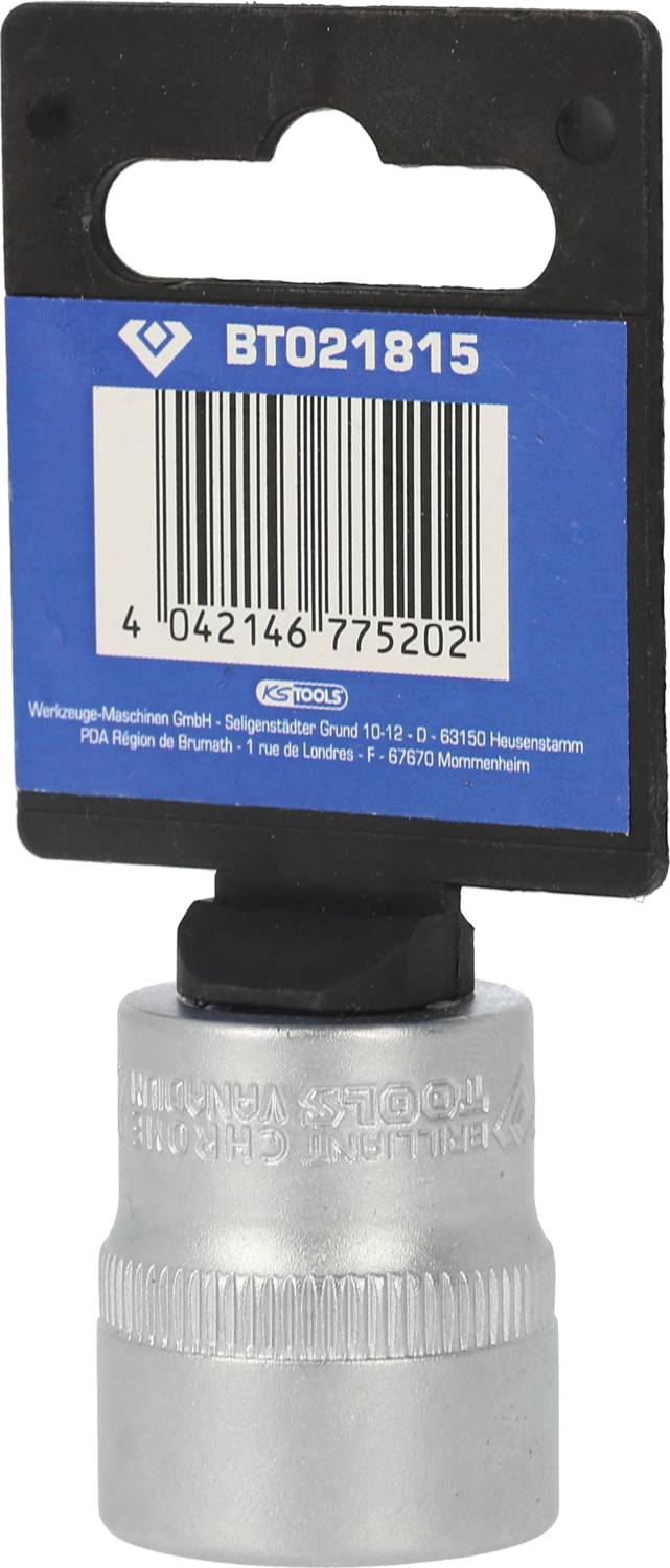 Nasadka z metalu z niebieską etykietą, która posiada kod kreskowy i numer 'BT021815'.