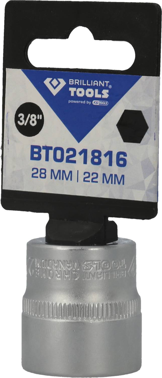 '28-milimetrowy i 22-milimetrowy srebrny nasadowy klucz Brilliant Tools z napędem 3/8 cala.'