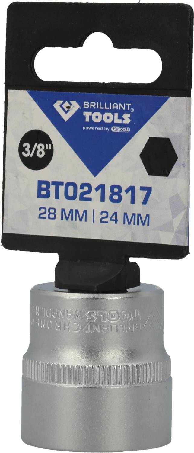 Narzędzie nasadowe z napędem 3/8 cala, oznaczone jako 'BT021817', odpowiednie do nakrętek 28 mm i 24 mm. Zapakowane do sprzedaży.