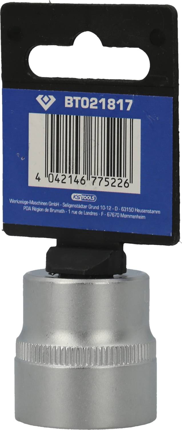 Srebrna tuleja na narzędzia z niebieską etykietą i kodem kreskowym, wisząca na czarnym plastikowym haku.