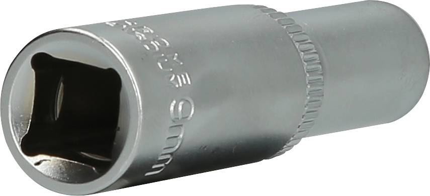 Nasadka metalowa, 9 mm, o kształcie cylindrycznym z karbowaną krawędzią, służąca do odkręcania lub dokręcania nakrętek i śrub.