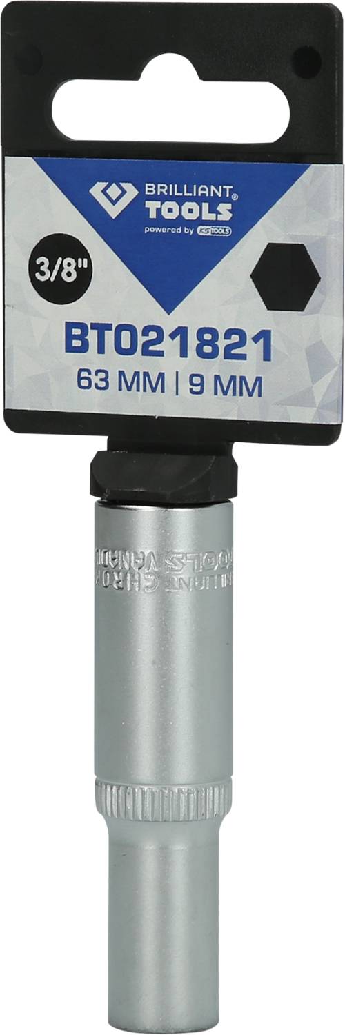Klucz nasadowy 'Brilliant Tools' z napędem 3/8", numer modelu BT021821, długość 63 mm, rozmiar 9 mm. Opakowanie widoczne.