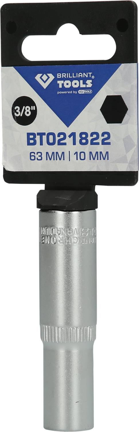 Nasadka klucza 'Brilliant Tools, 3/8 cala, długość 63 mm, 10 mm sześciokąt', odpowiednia do prac warsztatowych.